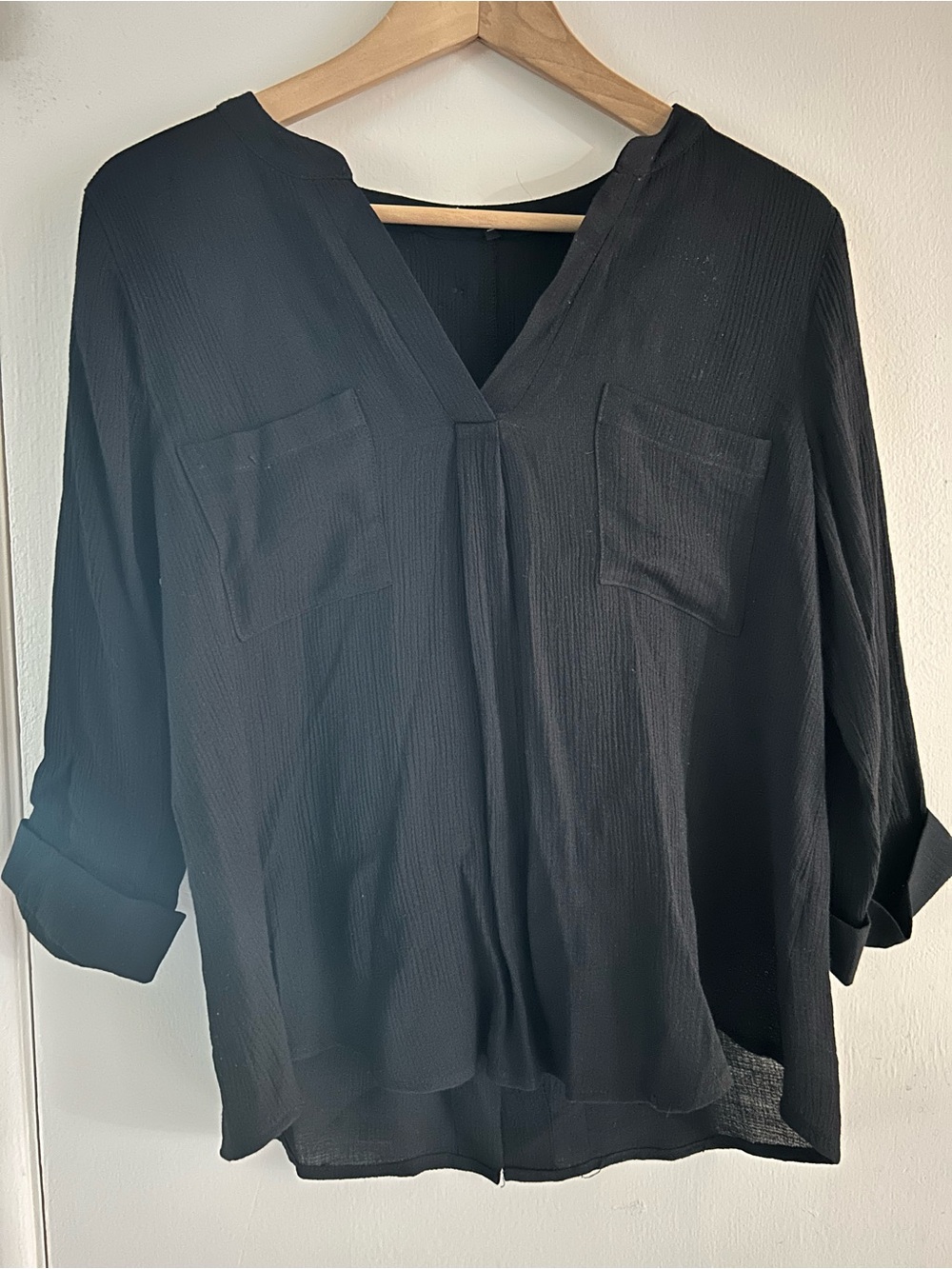 mine Black Split-Neck Pocket Blouse